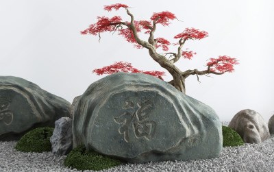 新中式假山山水3D模型下载